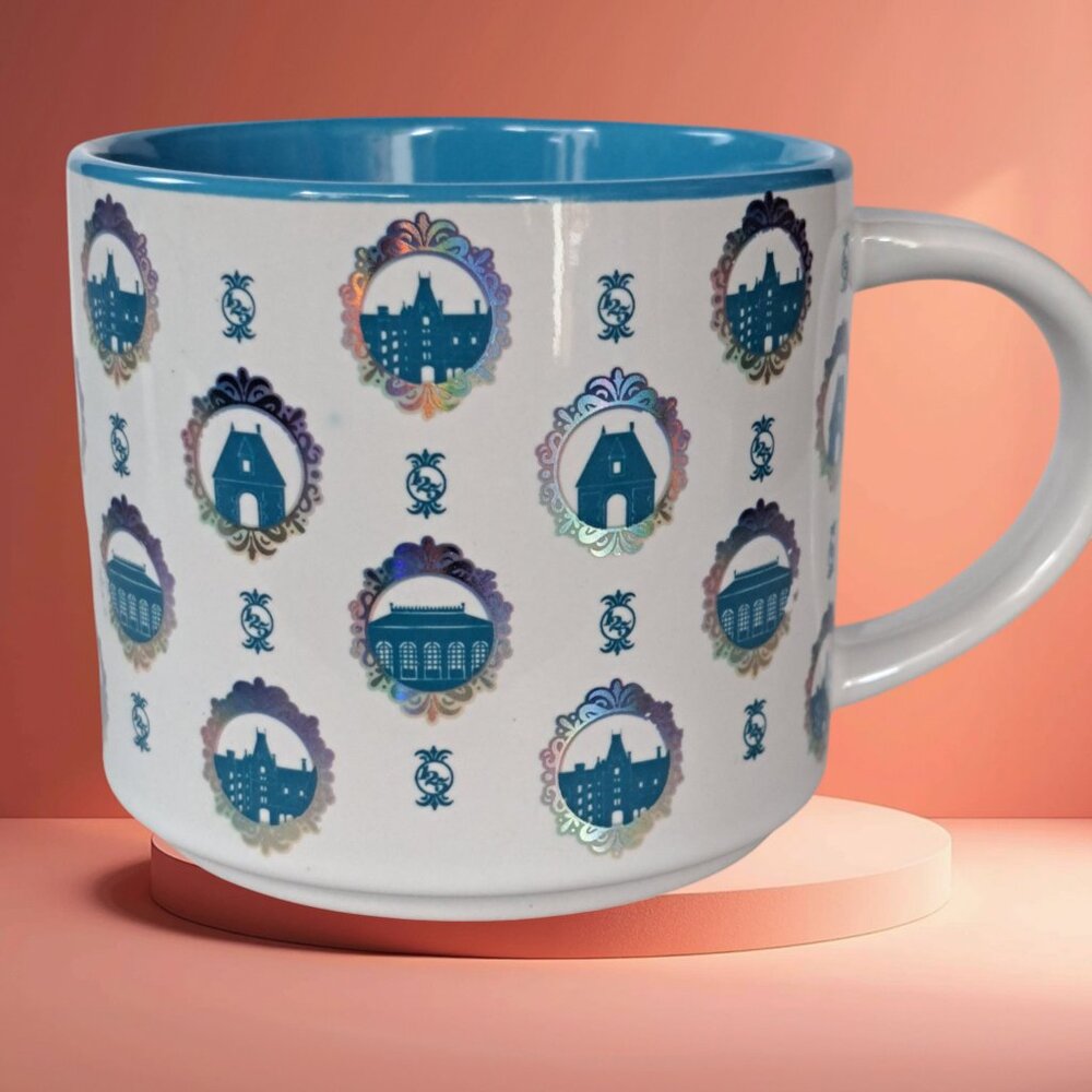 BILTMORE ESTATE Coffee Mug Asheville NC Wide Cup Blue on White 3.5” X 4”